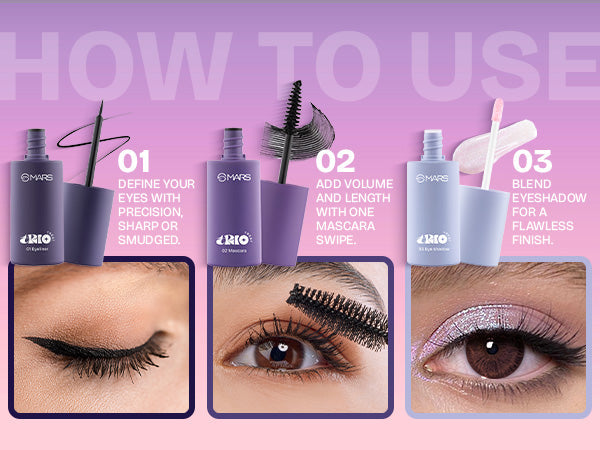 3 in 1 Eye Makeup Kit (Glitter Eyeshadow, Volumizing Mascara & Waterproof Eyeliner)