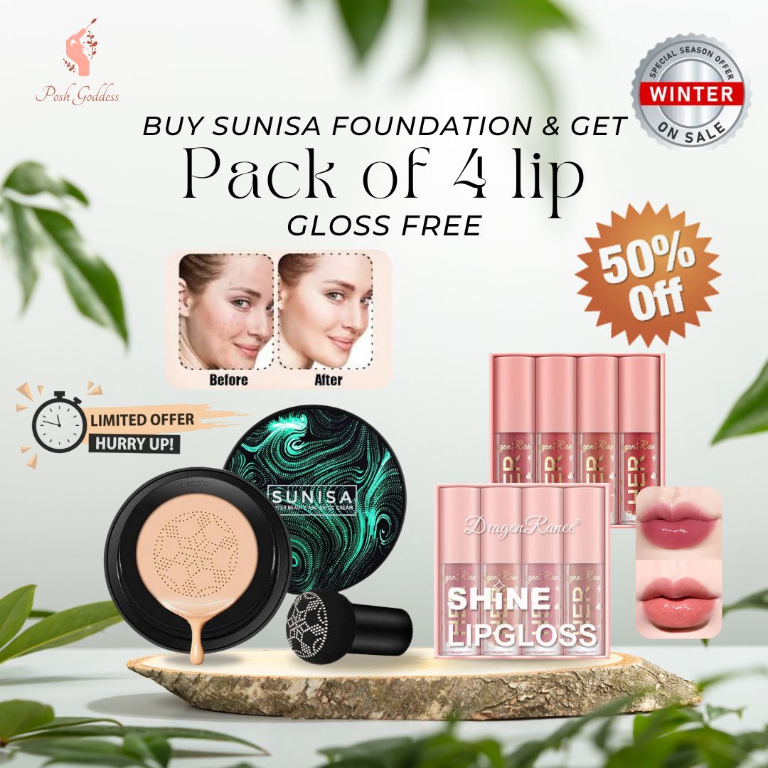 Buy 1 Get 1 Free: Buy Sunisa foundation & Get pack of 4 lip Gloss Free