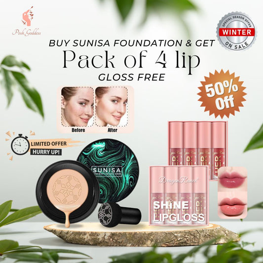 Buy 1 Get 1 Free: Buy Sunisa foundation & Get pack of 4 lip Gloss Free